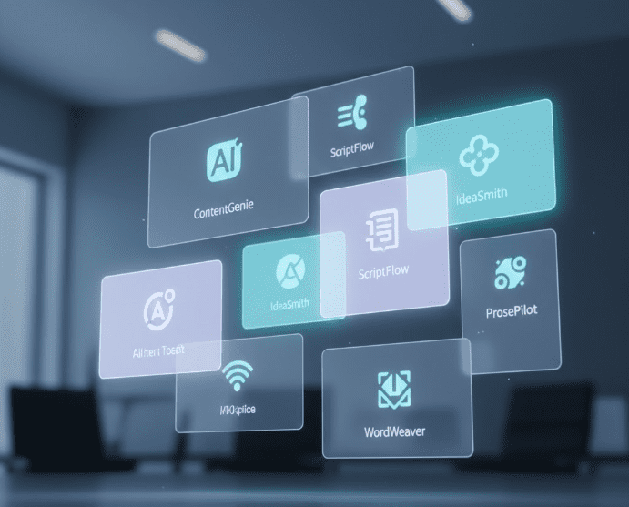 Ilustración de herramientas de IA para crear contenido, con interfaces modernas que muestran generación de textos, optimización SEO y escritura asistida