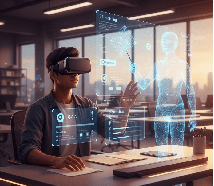 Estudiante aprendiendo inteligencia artificial en una plataforma online, con tutor virtual y recursos digitales para formarse en IA desde cero