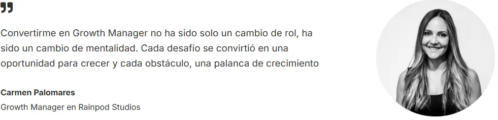 Valoración de Carmen Palomares sobre el Máster Growth, enfocada en crecimiento profesional y cambio de mentalidad.